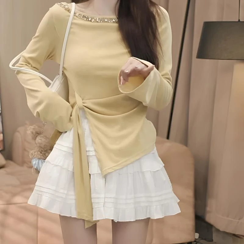 时髦百搭斜肩上衣秋新款长袖打底衫烫钻修身不规则纯欲风T恤女潮