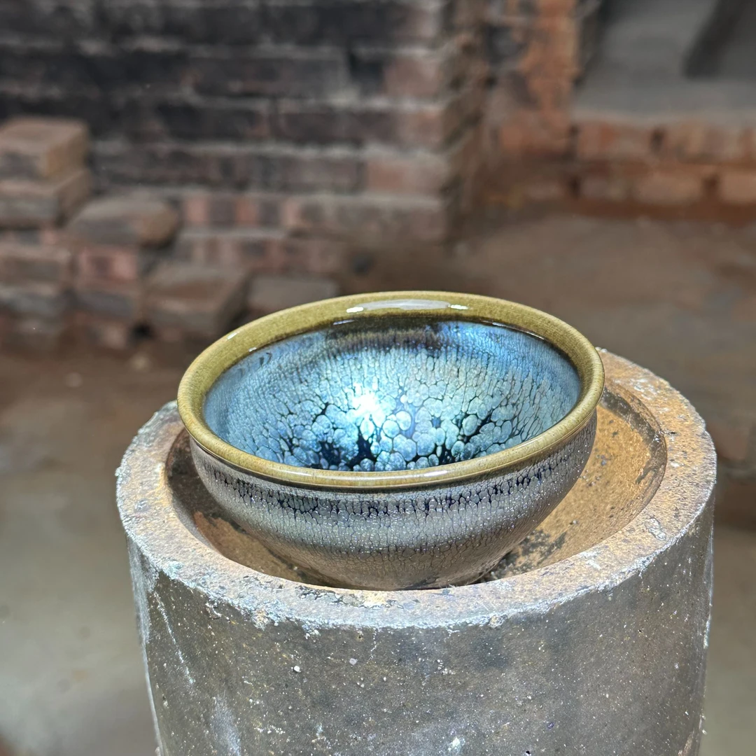 建窑建盏 蓝油滴 茶盏主人杯 电烧