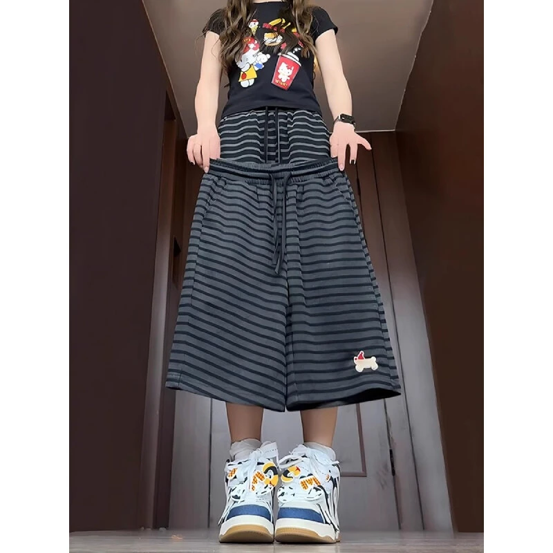 美式条纹4分短裤男夏季薄款潮牌小狗刺绣裤子过膝休闲运动五分裤