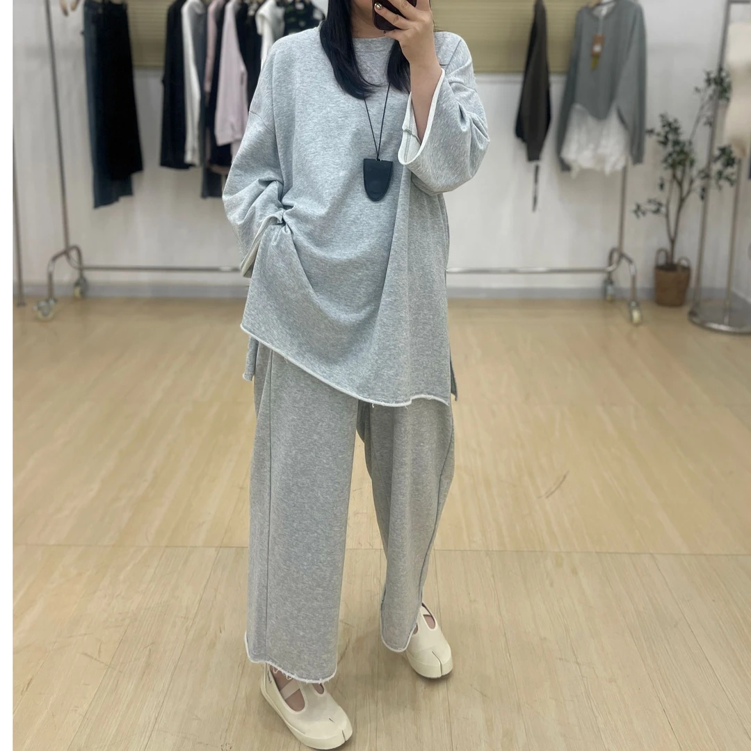 8810春秋款大码均码长袖宽松套头圈棉下摆毛边设计女装休闲风套装