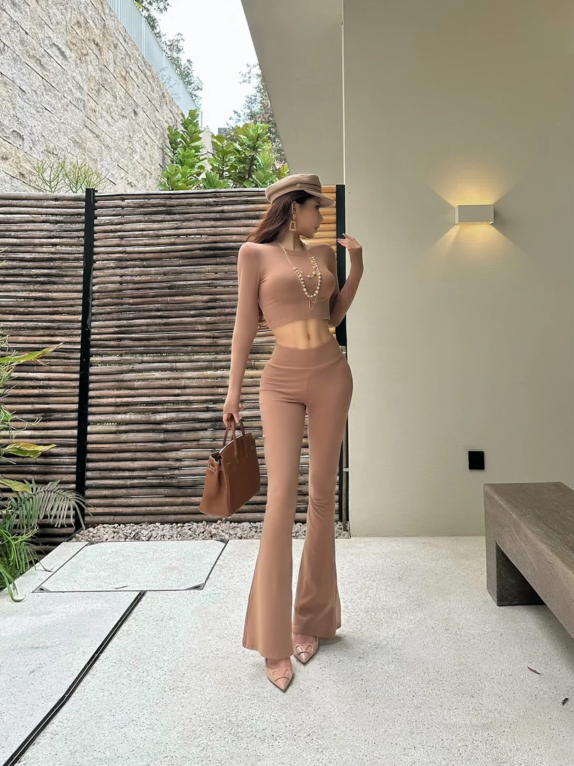 Fornis【沙漠尘埃】欧美辣妹御姐风驼色长袖➕高腰喇叭裤套装