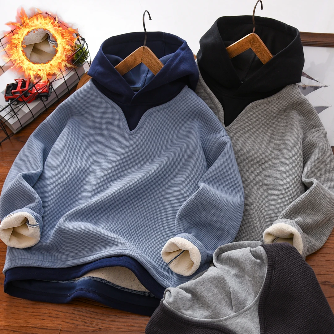 男童加绒卫衣冬季2025新款中大童奥粒绒儿童装假两件长袖连帽衫潮