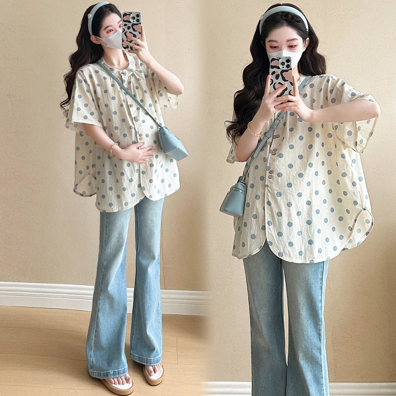 孕妇上衣夏装韩版波点短袖t恤衬衣遮肚孕妇套装夏季裤子两件套女