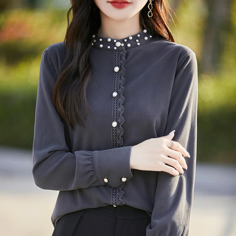 哥弟阿玛施正品秋季钉珠设计气质立领衬衣女德绒加厚开衫时尚上衣
