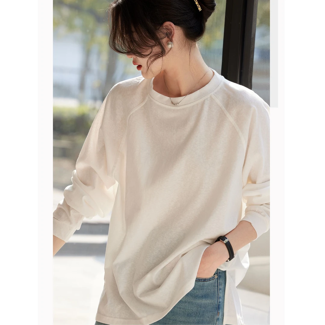 欧货白色圆领慵懒风长袖T恤打底女春秋冬新款内搭休闲套头设计感