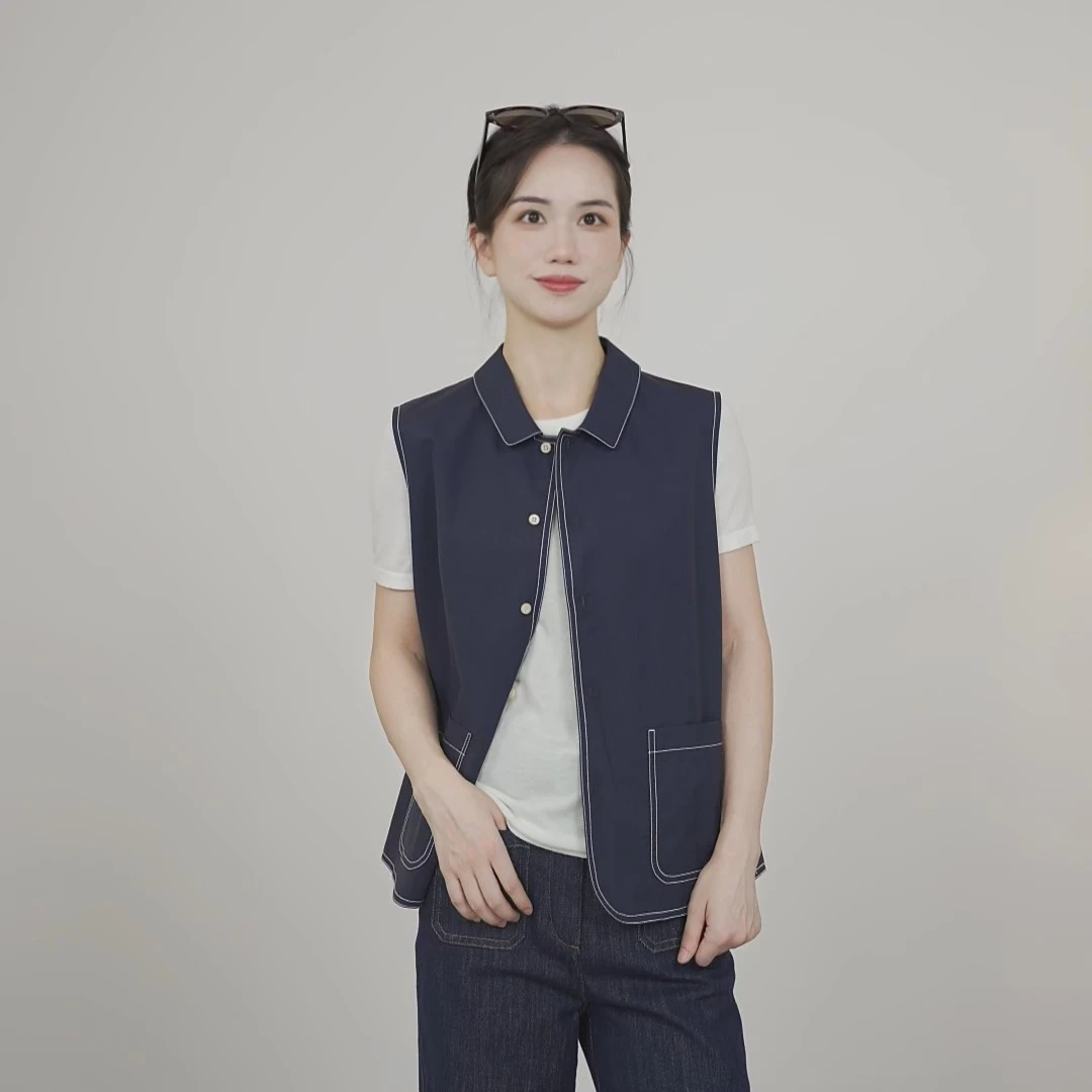 小禾【铅笔画】100棉藏青色翻领薄款坎肩宽松外搭简约经典休闲马甲