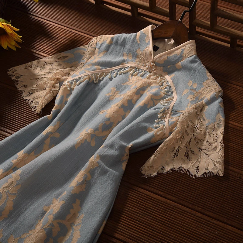 蓝色镂空蕾丝年轻款少女高端气质改良旗袍民国风大小姐连衣裙2025