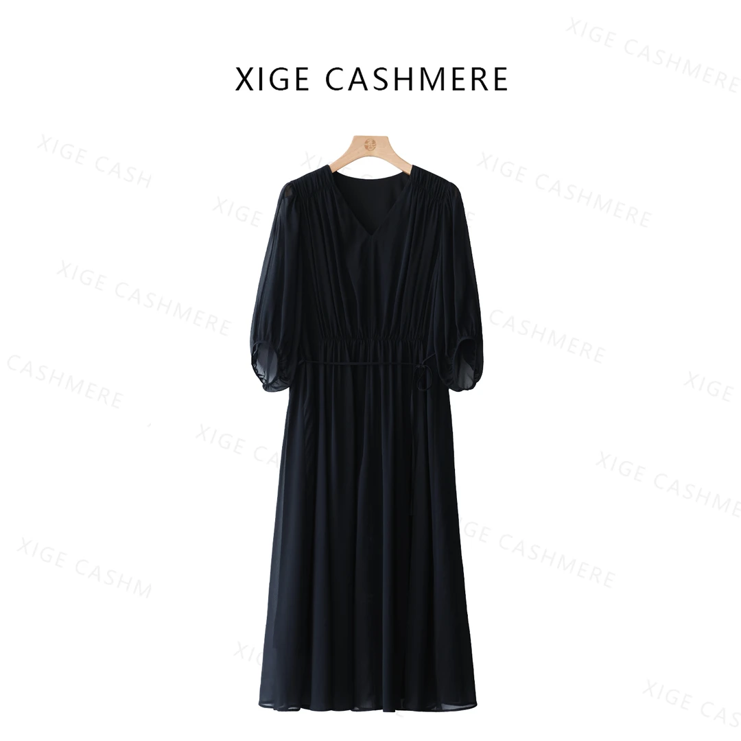 【烟笼寒雨】喜歌 100桑蚕丝气质V领长款连衣裙 7953