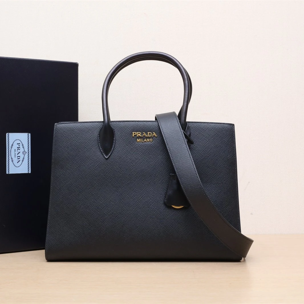 99新 Prada/普拉达 小花柳 经典 字母标 十字纹 手提包 黑色金扣