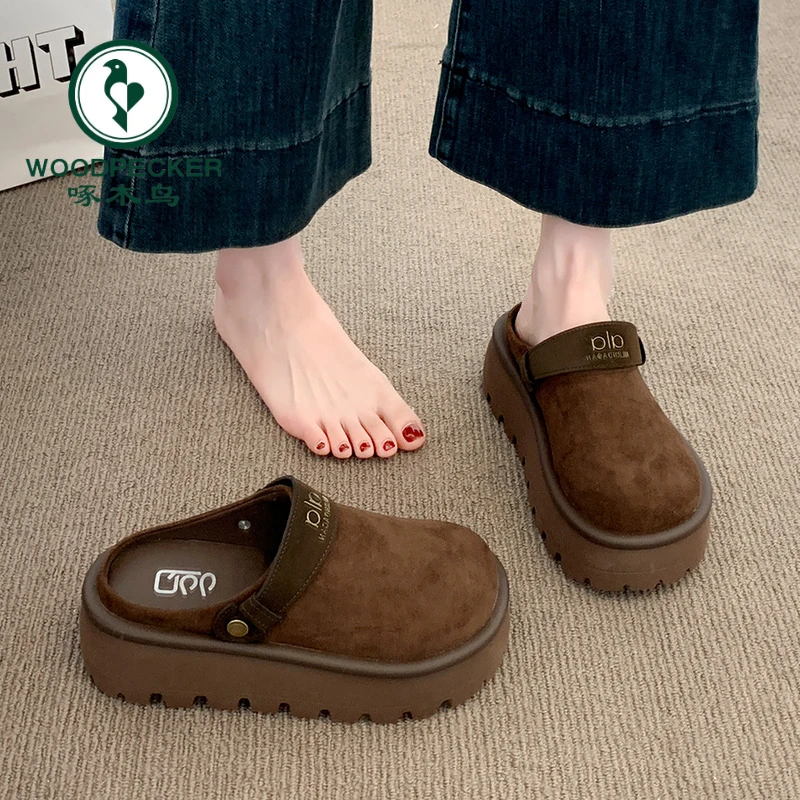 啄木鸟内增高厚底勃肯鞋一脚蹬懒人女2025秋季博肯包头半拖鞋单鞋