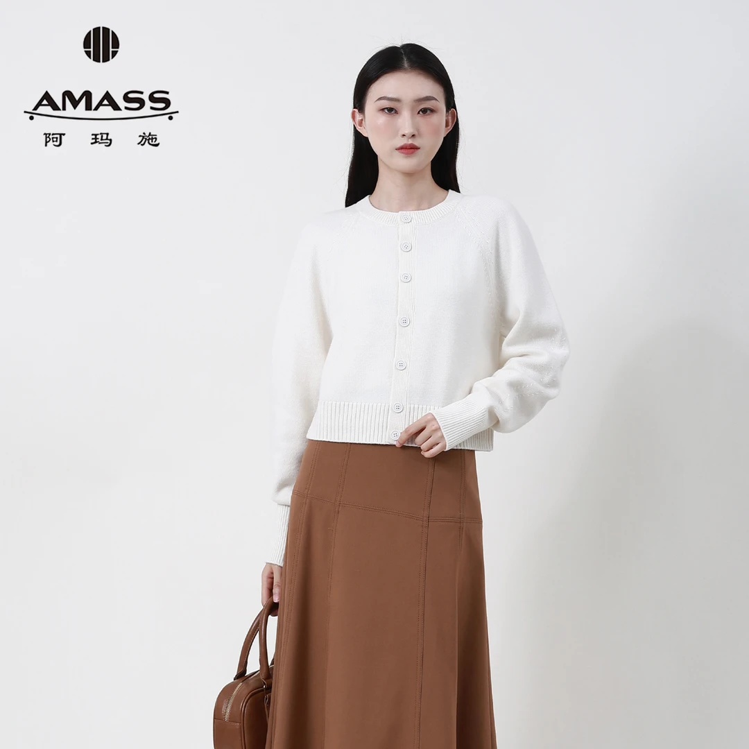 阿玛施AMASS春秋新款保暖气质简约百搭圆领绵羊毛针织开衫548033