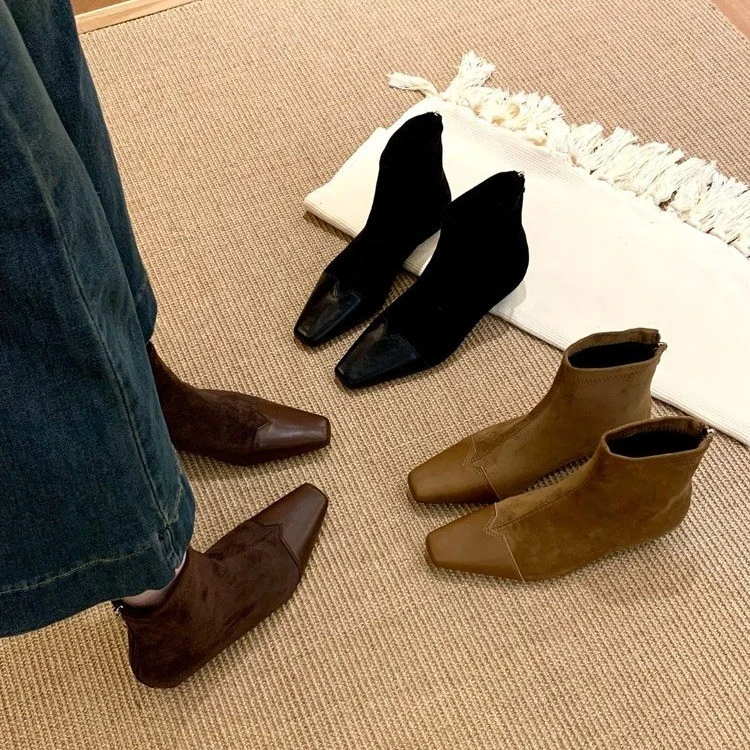 法式绒面短靴2025秋冬小方头时装靴加绒瘦瘦靴后拉链弹力纯御靴子