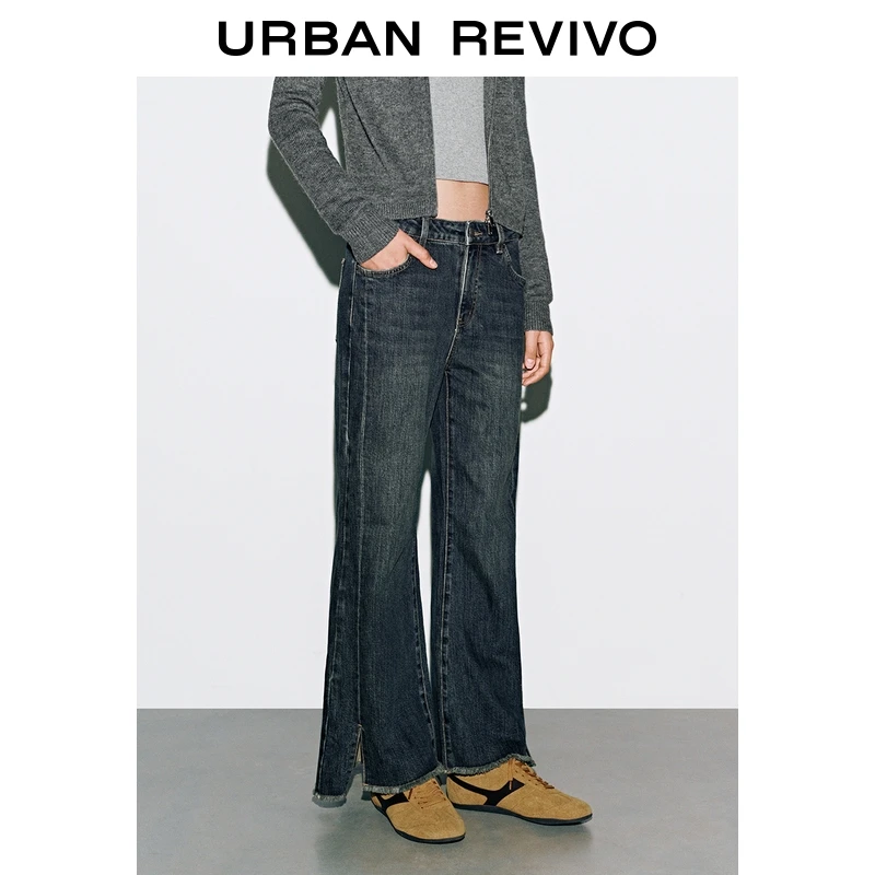 UR2025冬季新款女装复古水洗开衩毛须牛仔长裤UYV850189