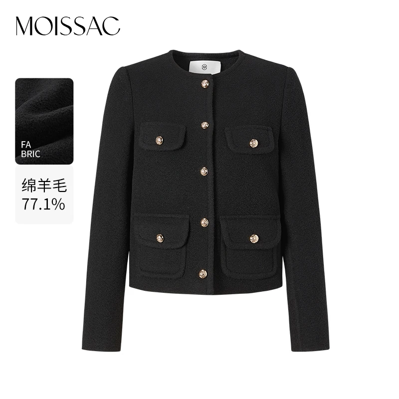MOISSAC冬新款双面颗粒毛呢圆领口袋香风短外套女