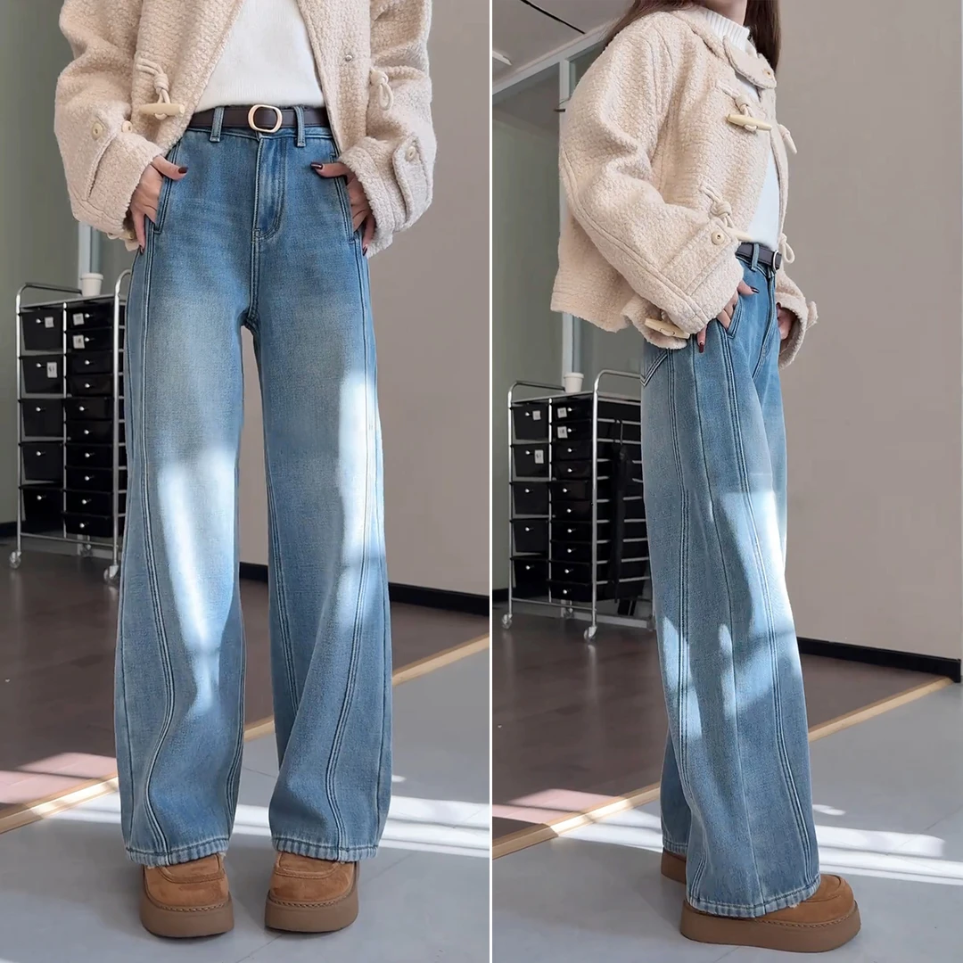 拉夏贝尔加绒牛仔裤女秋冬季裤子2025新款潮牌女弯刀裤高腰阔腿裤