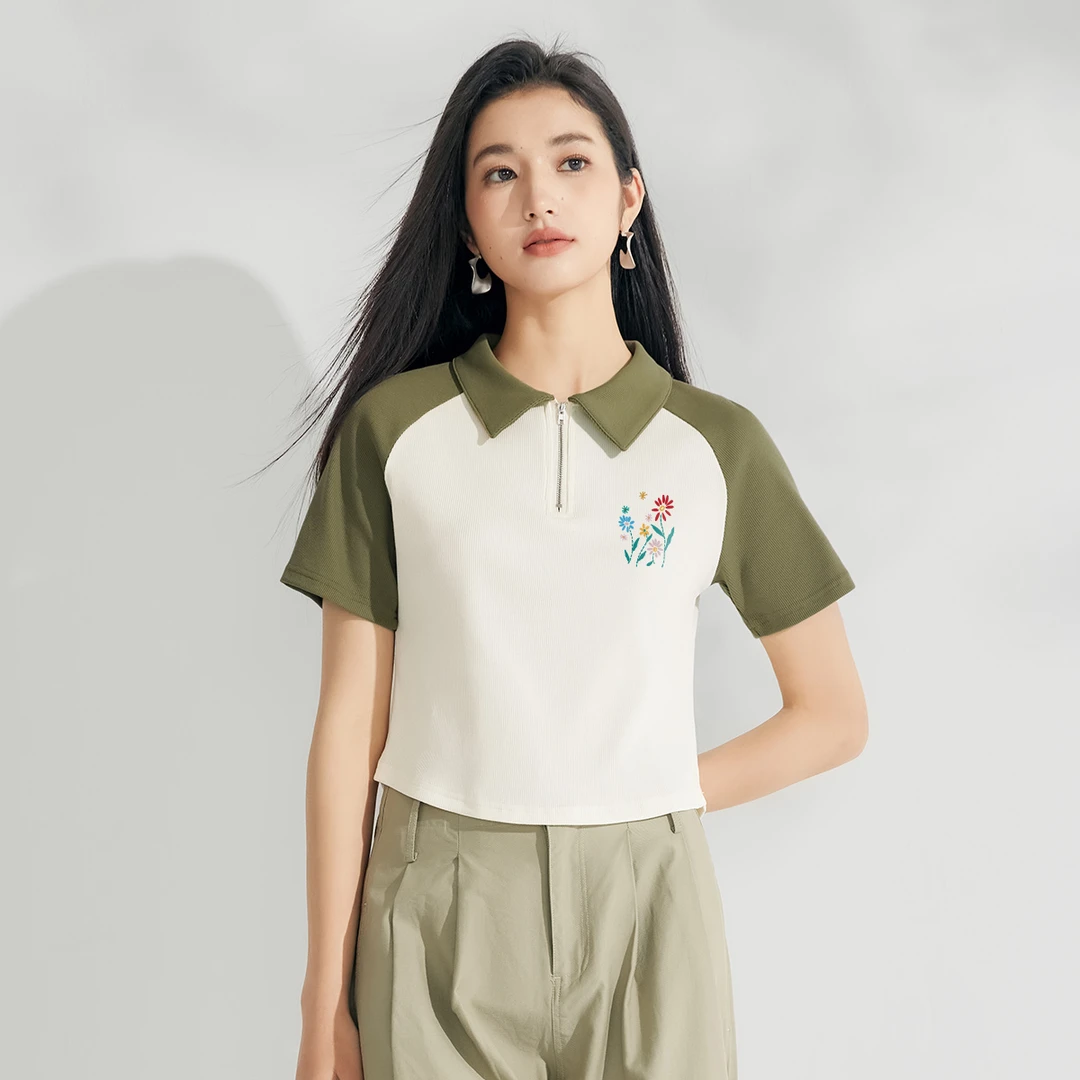 茵曼POLO短袖t恤女生短款设计感花卉印花夏季宽松撞色插肩袖上衣