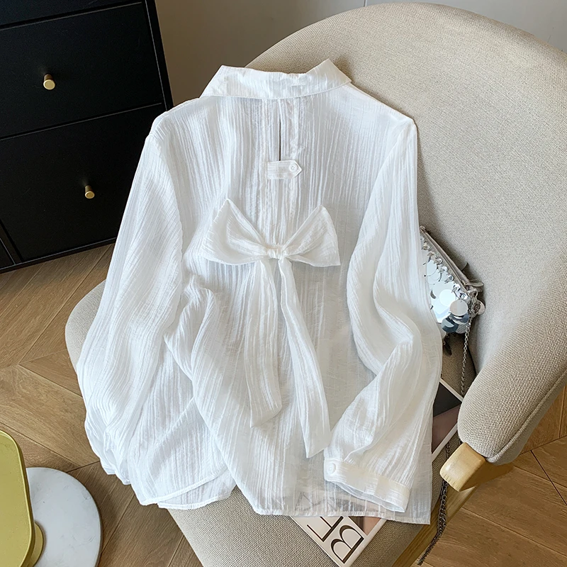 后背镂空蝴蝶结长袖衬衫女2025宽松百搭纯欲露背薄款防晒衬衣外套