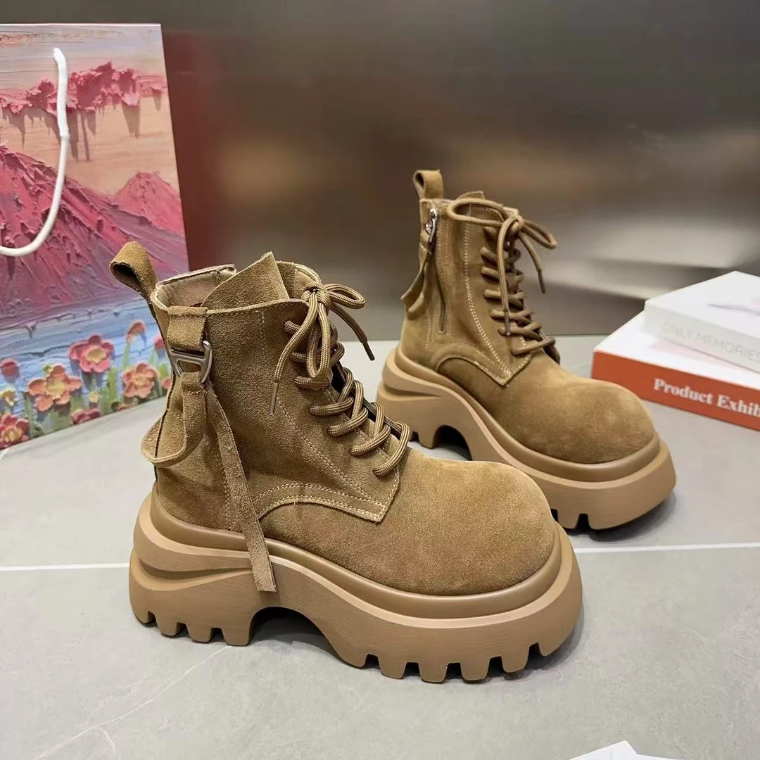 【ZK】女短筒系带圆头法式磨砂皮马丁靴百搭女鞋时尚高帮