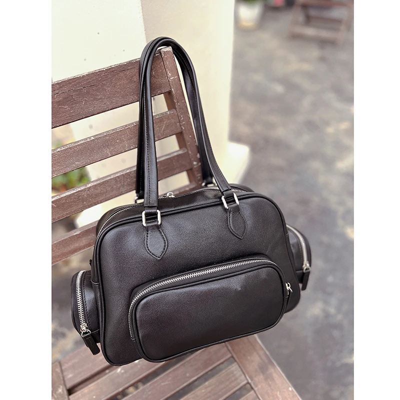 法式浪漫 小羊皮柔软双口袋手提 时髦单肩包大容量