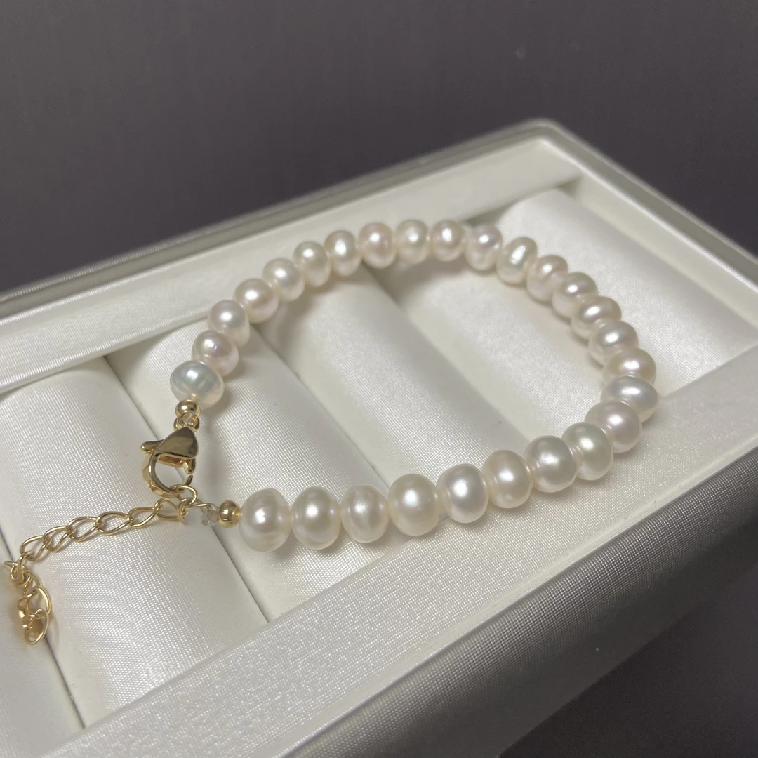 018 白色全珠手链延长链6-7mm 天然生长纹可刮粉