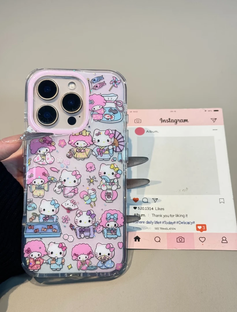 可爱满屏和服小羊KT插画圆边双层苹果16promax/15/14防摔手机壳13