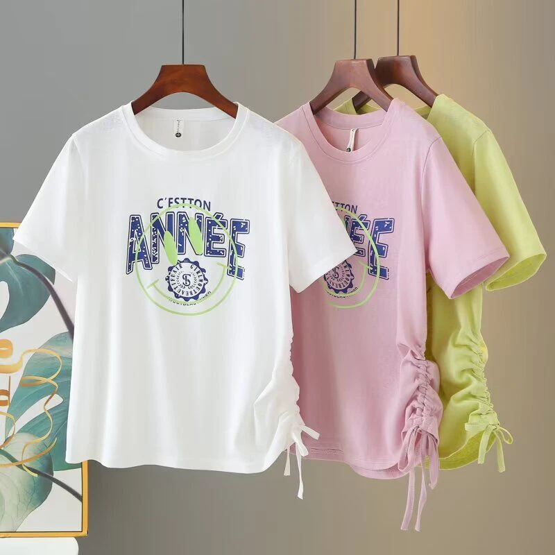 大码女装字母印花抽绳短袖T恤女夏季胖mm200斤气质减龄半袖上衣