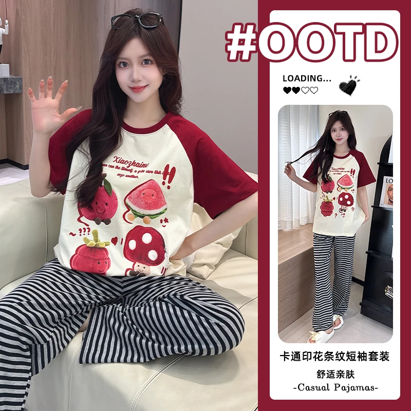 夏季新款小个子自带胸垫纯棉睡衣女短袖长裤可外穿大码家居服套装