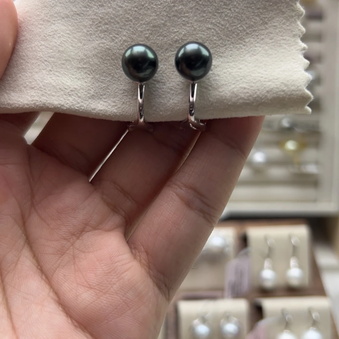 银S925镶嵌耳饰海水珍珠9.2mm正圆大溪地孔雀绿耳夹