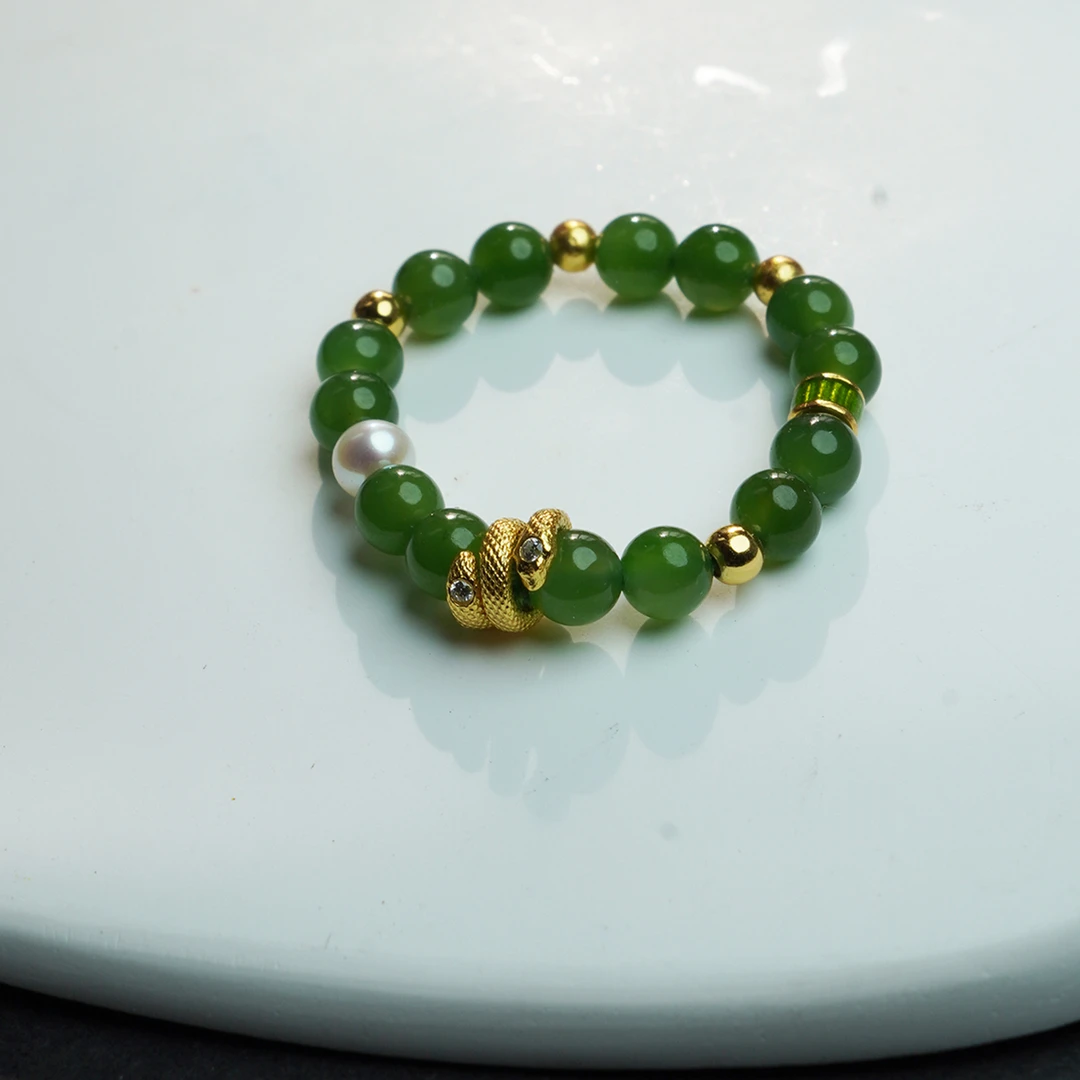 【灵蛇】和田玉阳绿碧玉S925银珍珠戒指戒圈~碧玉无黑点~显白显气质