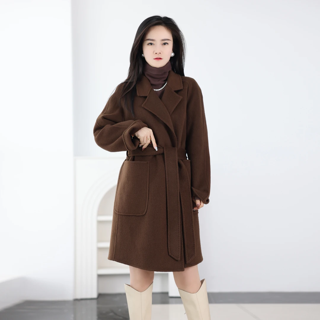短款新品双面呢大衣绵羊毛大衣女中长款高端外套黑色厚大衣长款