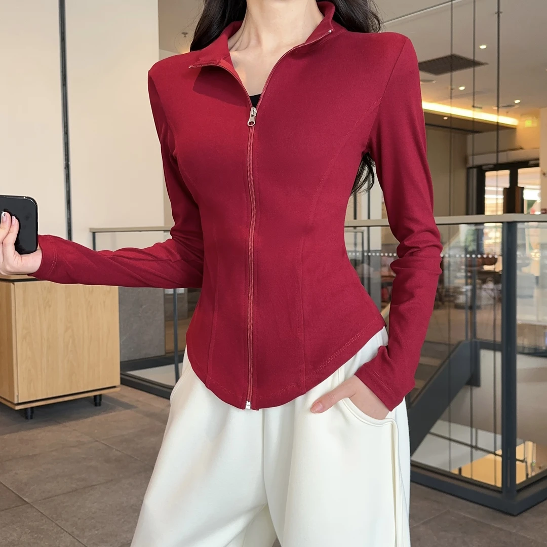 2025早春新款德绒弹力修身T恤立领长袖收腰显瘦外套上衣打底衫女