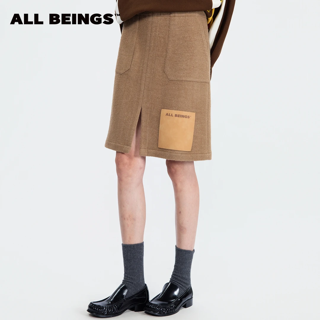 ALL BEINGS25年秋冬氛围感巴恩风卡其皮标直筒开衩羊毛裙女