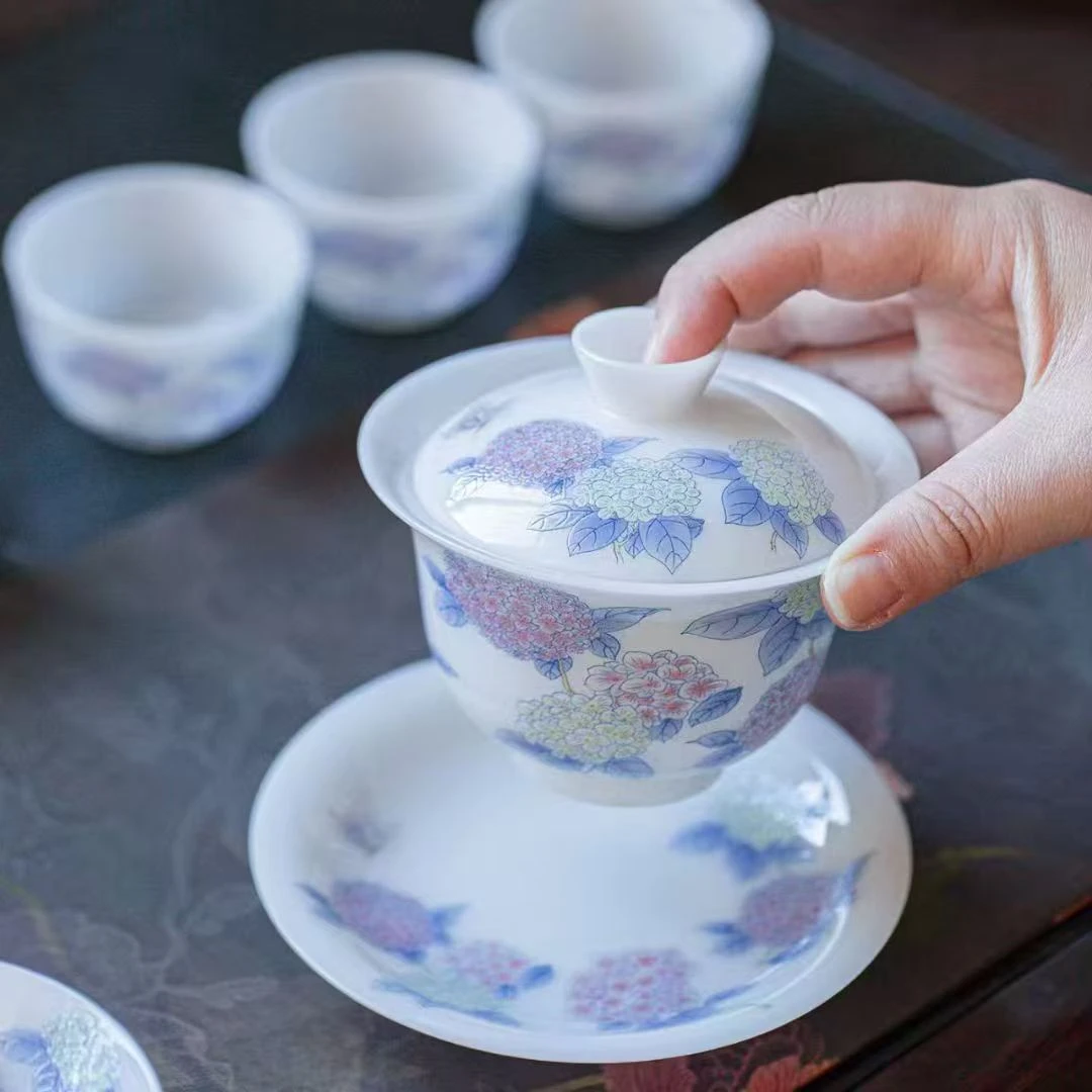 德化白瓷冰种璞玉茶具高档高档陶瓷中式茶盖碗蝶恋花家用送礼