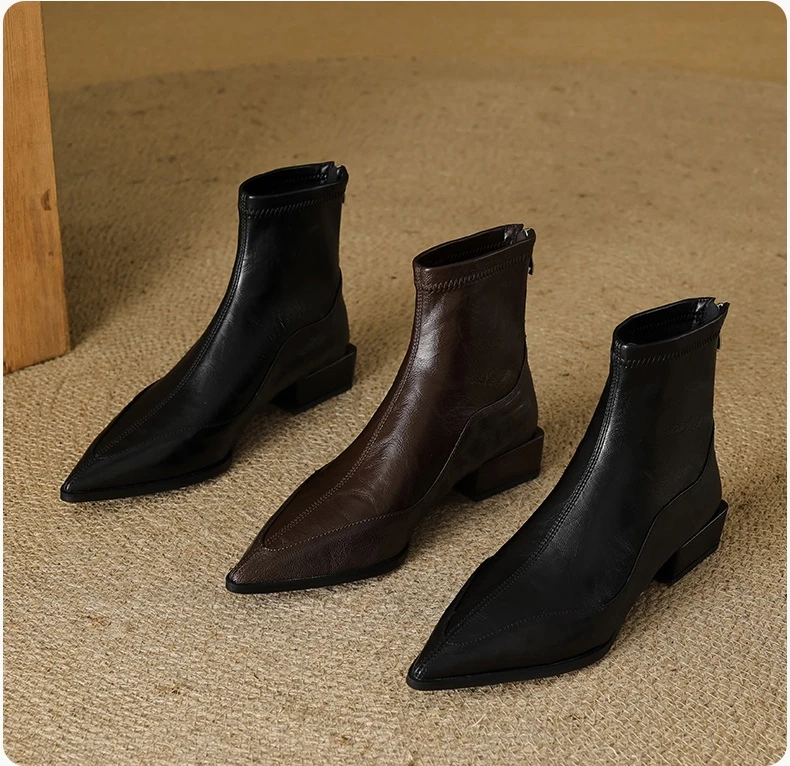 百搭低跟黑色尖头粗跟小法式切尔西靴低跟靴子瘦瘦靴女靴英伦