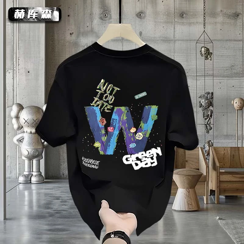 赫库森简约美式个性纯棉短袖夏季男士痞帅百搭时尚T恤上衣打底ins