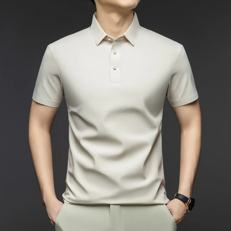 2025夏季薄款纯色短袖T恤商务翻领透气冰丝无痕轻奢痞帅男装