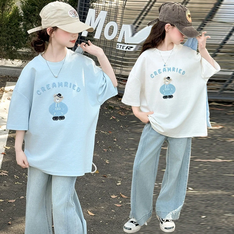 女童夏季短袖T恤套装2025新款洋气女大童半袖体恤儿童夏装阔腿裤