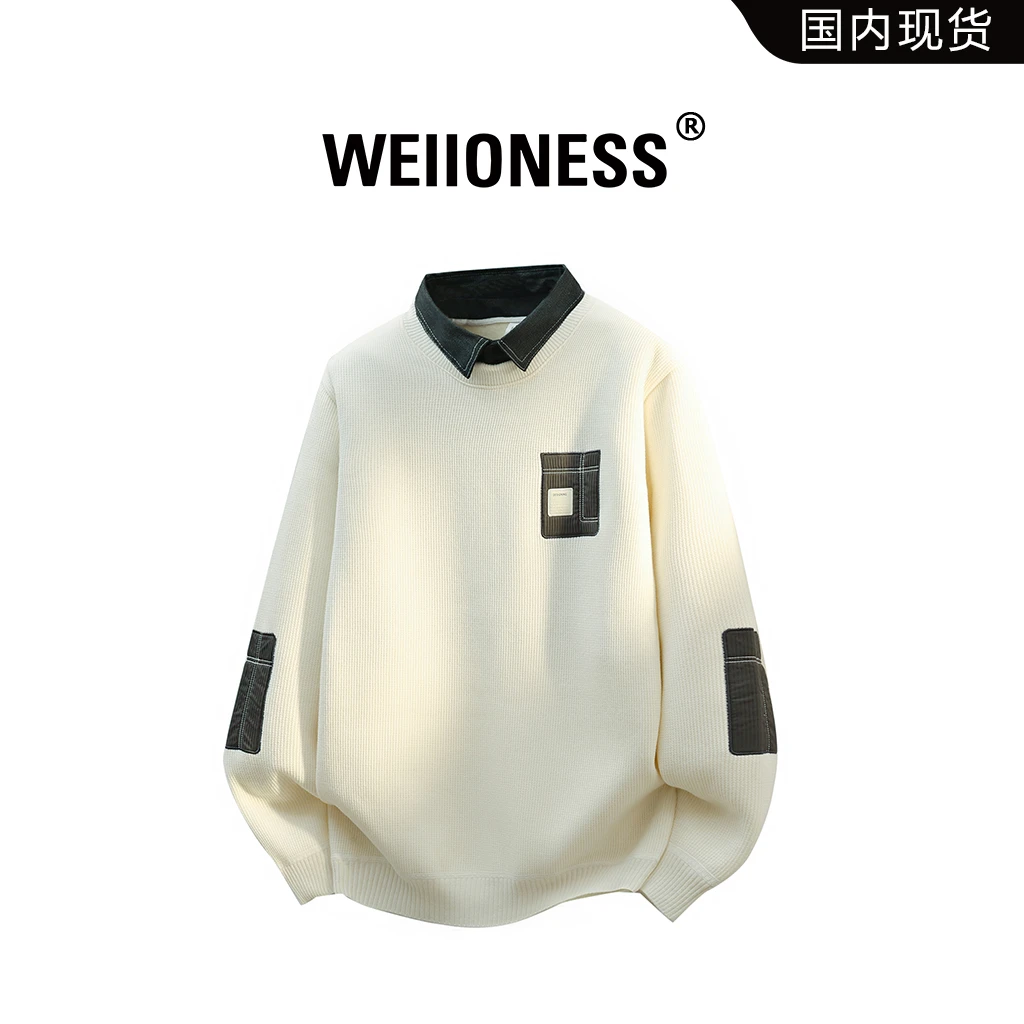WEIIONESS衬衫领假两件毛衣男士秋冬季重磅潮流一体绒针织衫上衣