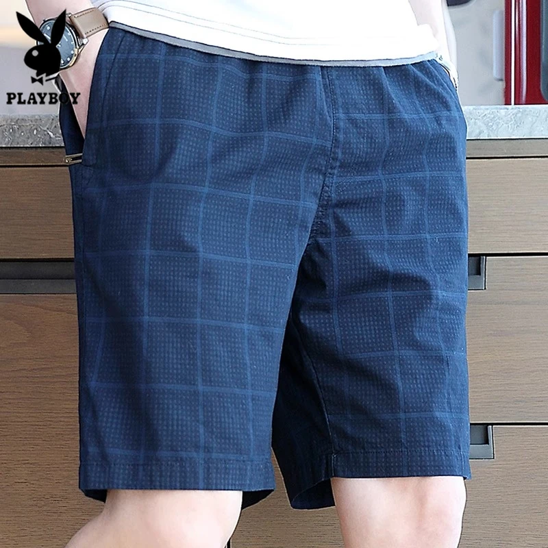 花花公子夏季薄款格子短裤男士外穿宽松纯棉沙滩裤居家五分裤休闲
