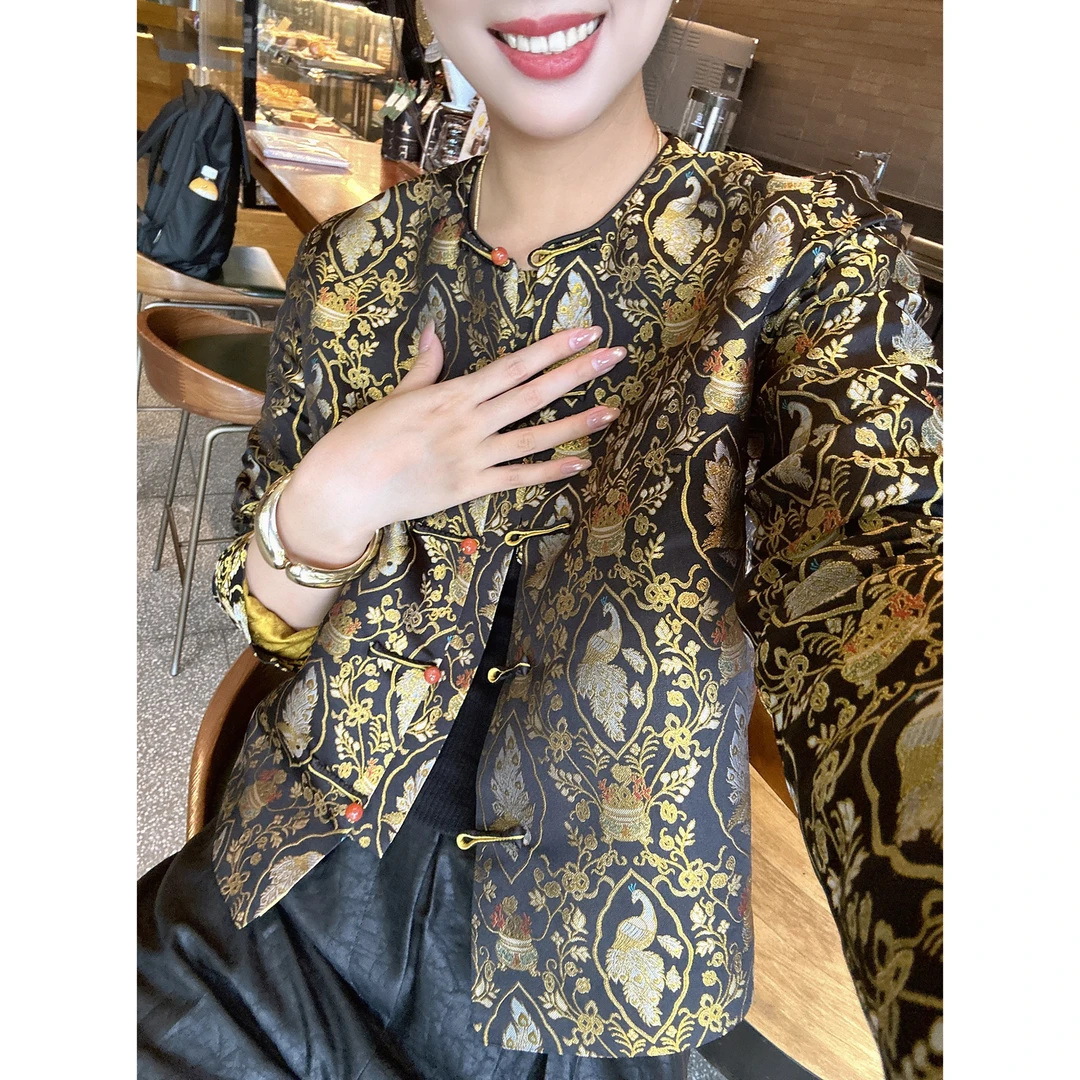 【深圳罗依】原创真丝短外套女桑蚕丝老宋锦提花新中式气质短款外套