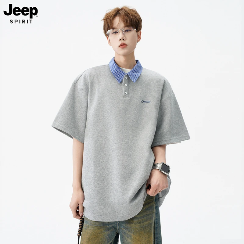 Jeep吉普美式衬衫领Polo短袖男2025夏季新款拼接t恤宽松休闲上衣