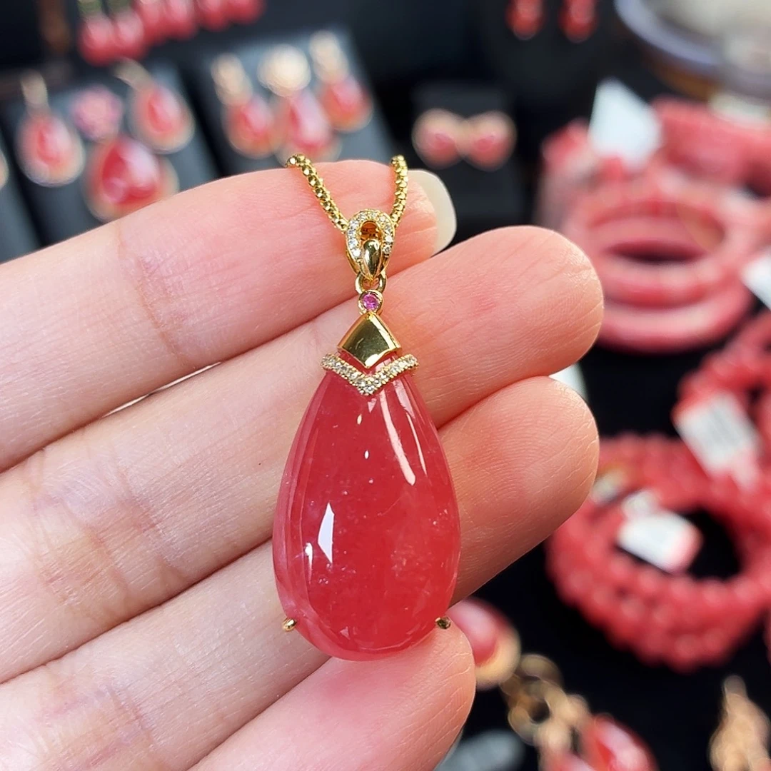 菱锰矿（红纹石）18K金镶嵌吊坠(不含链)