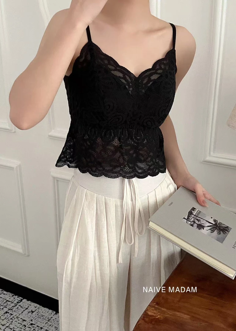 内目25149法式蕾丝美背内衣女固定杯吊带背心外穿性感打底衫夏季