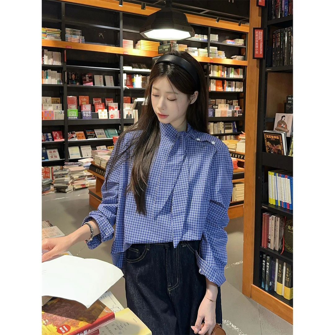 2025新款别致甜美风设计感小众领结系带宽松格子显瘦长袖衬衫女装