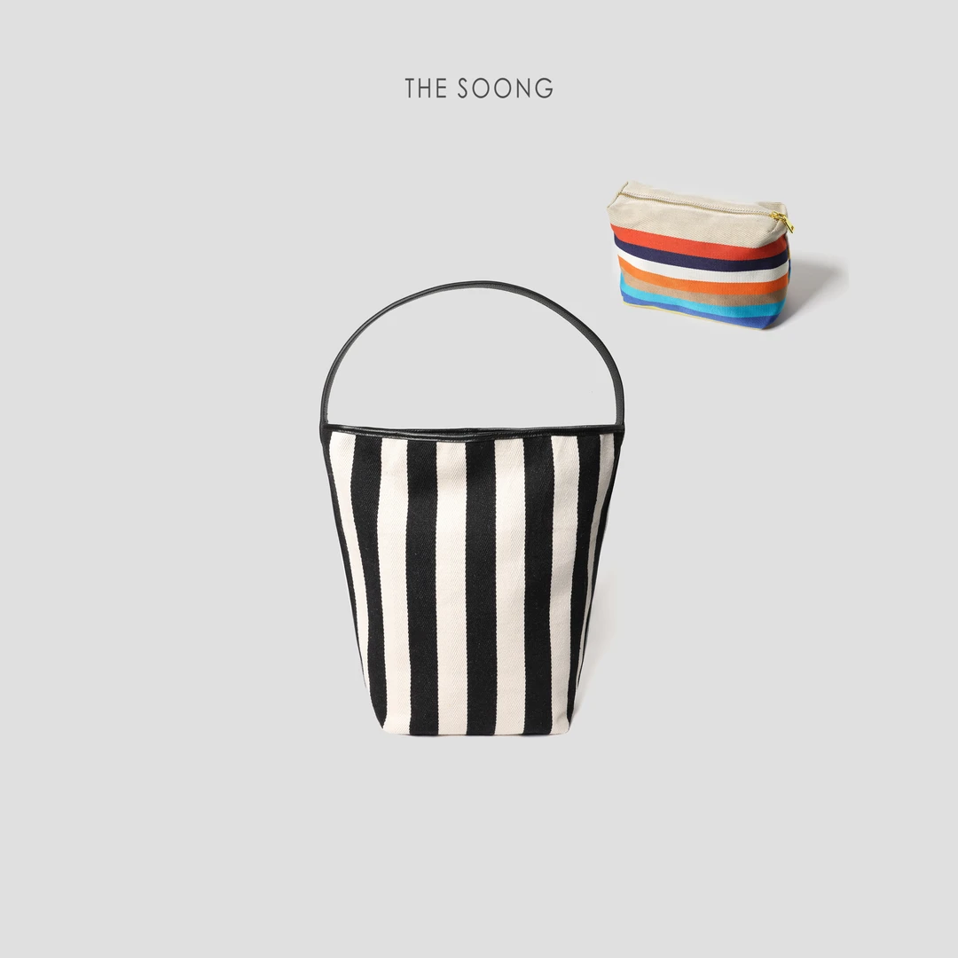 THESOONG|"条纹帆布包"大容量轻便百搭头层牛皮肩带包6678短外套