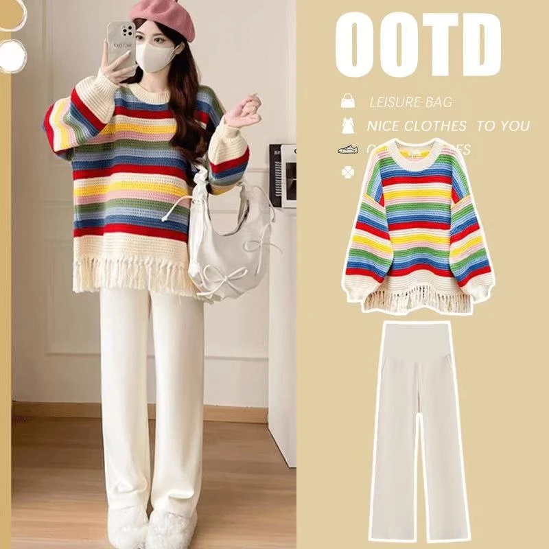 孕妇装秋装2025新款秋冬外穿时尚宽松彩色流苏长袖套头毛衣上衣女