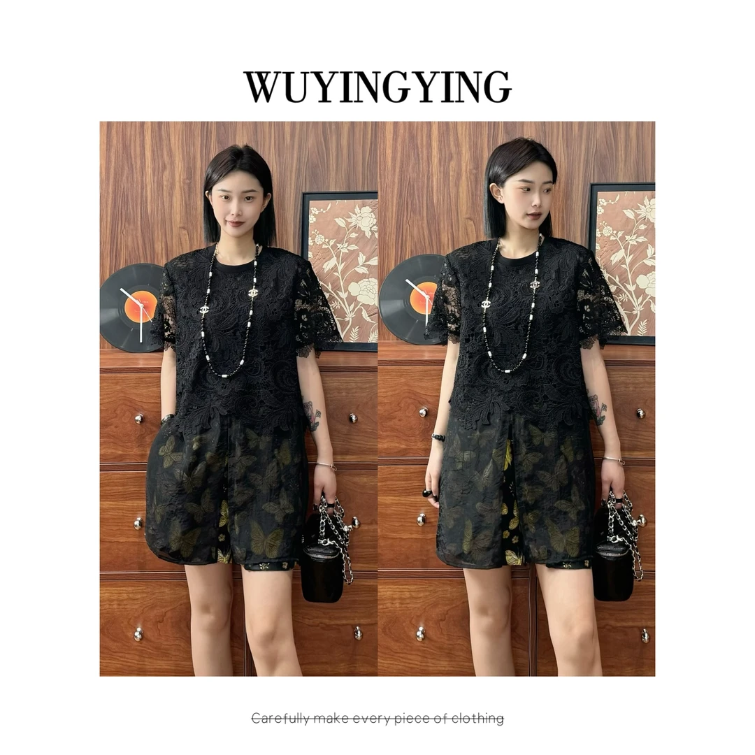 WUYINGYING【奢贵蝴蝶】高品蕾丝网纱上衣+蝴蝶短裤套装XZXR250613