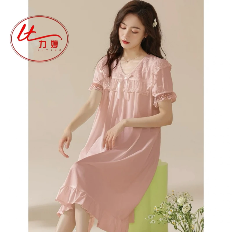 力婷睡裙女甜美少女风夏季新款纯棉短袖薄款蕾丝花边纯欲家居裙