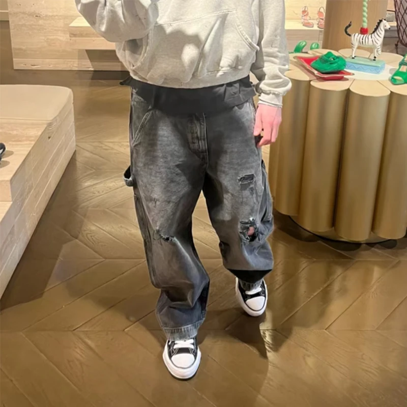 春夏牛仔裤男美式复古破洞黑色水洗做旧白色高街休闲刀割伐木裤