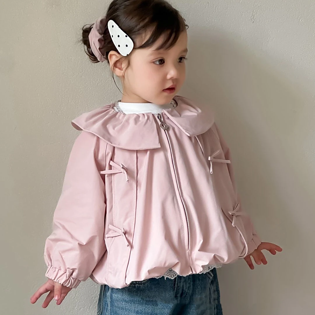 秋季新品韩版蝴蝶结可爱风翻领洋气外套女孩上衣春秋休闲小童外套